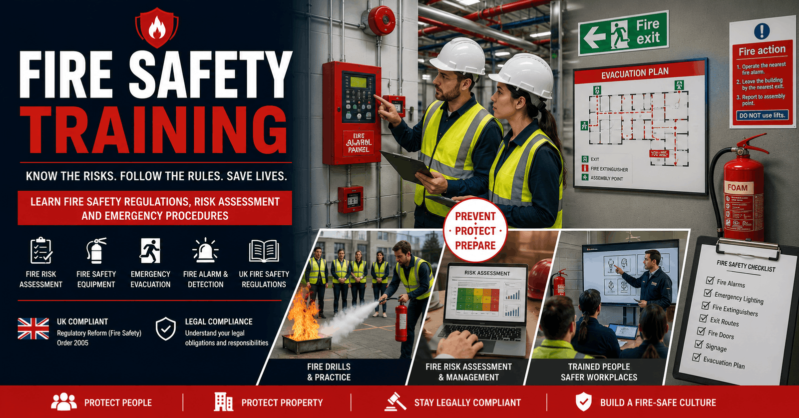 Fire Safety Training showing fire prevention equipment, evacuation planning, and workplace safety procedures
