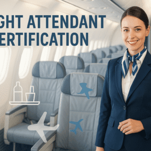 Flight Attendant Certification course banner showing cabin crew in uniform, aircraft interior and professional aviation training visuals.