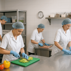 Food hygiene training Level 1 course image showing clean kitchen setup, safe food handling, and sanitation practices.