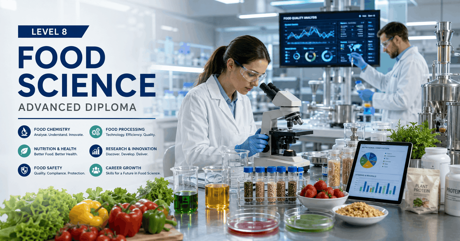 Scientists conducting advanced food analysis in a modern laboratory for a Food Science Course