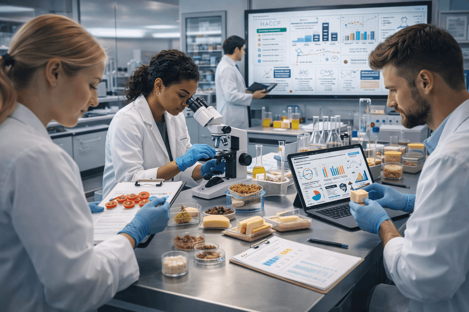 Food Science Diploma Level 3 students analysing food samples, safety processes, and quality control in a modern laboratory