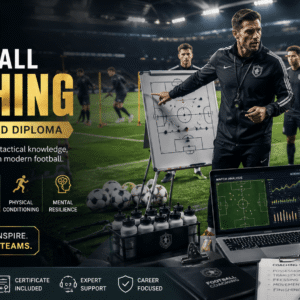 Professional football coach leading tactical training during a Football Coaching Course session on a modern pitch