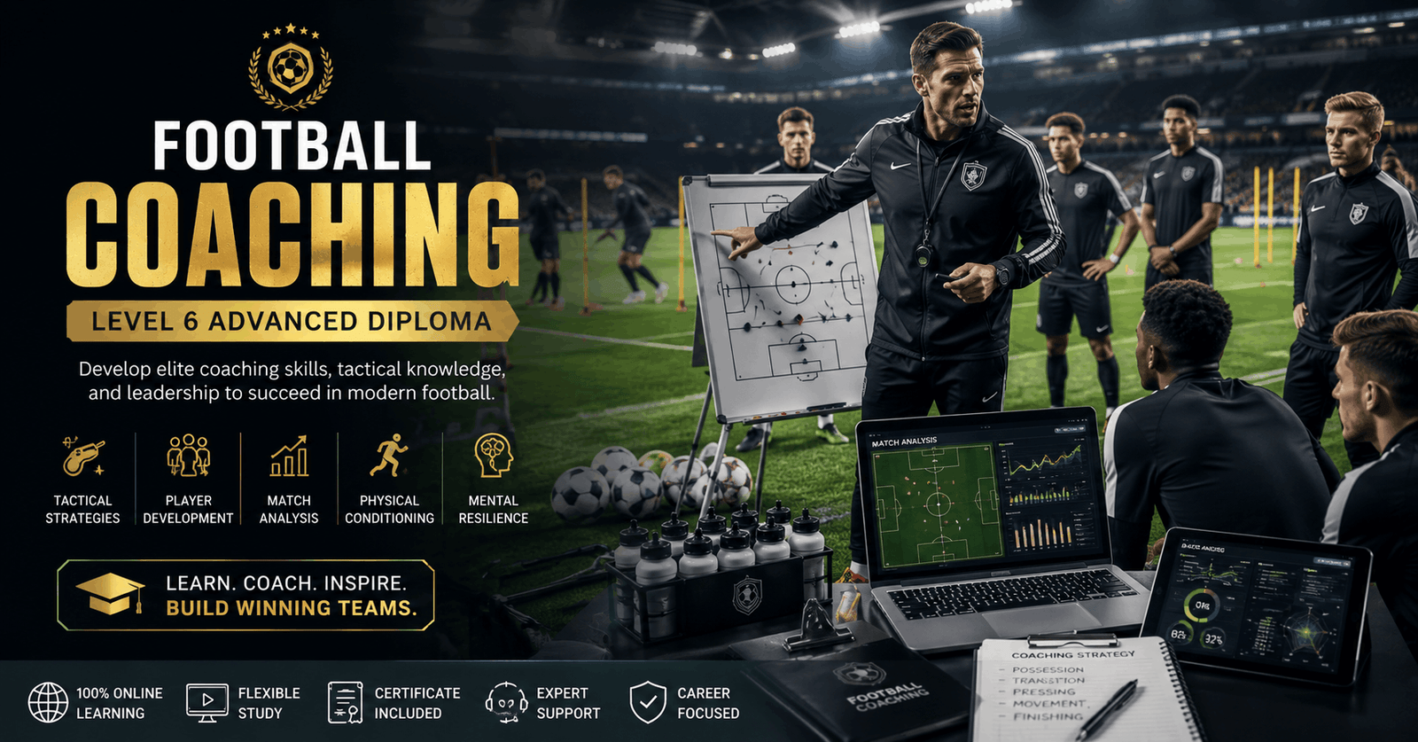 Professional football coach leading tactical training during a Football Coaching Course session on a modern pitch
