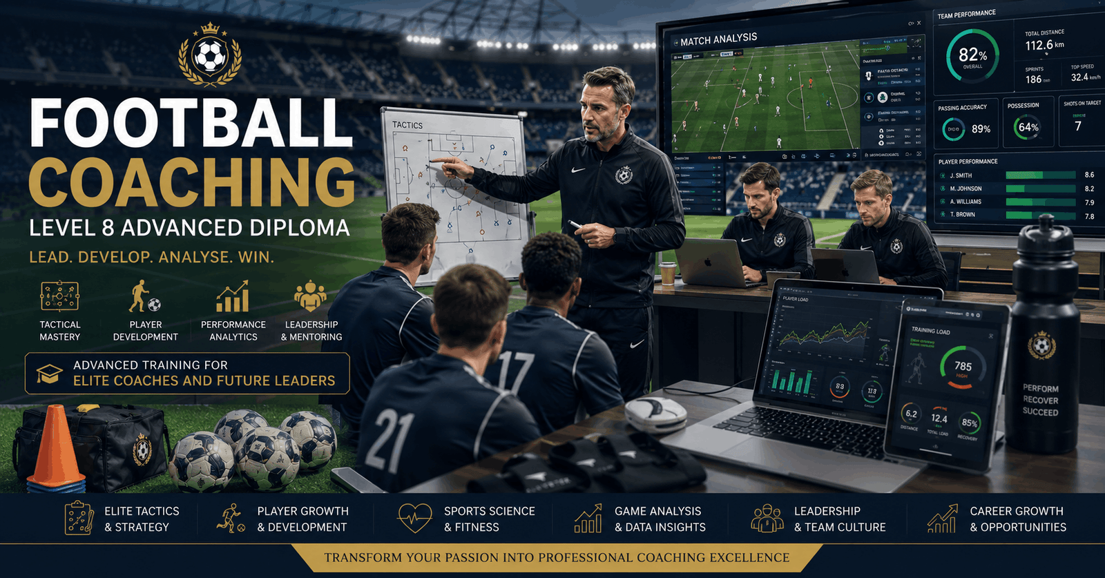 Football Coaching Diploma trainers analysing tactics and leading professional football training sessions