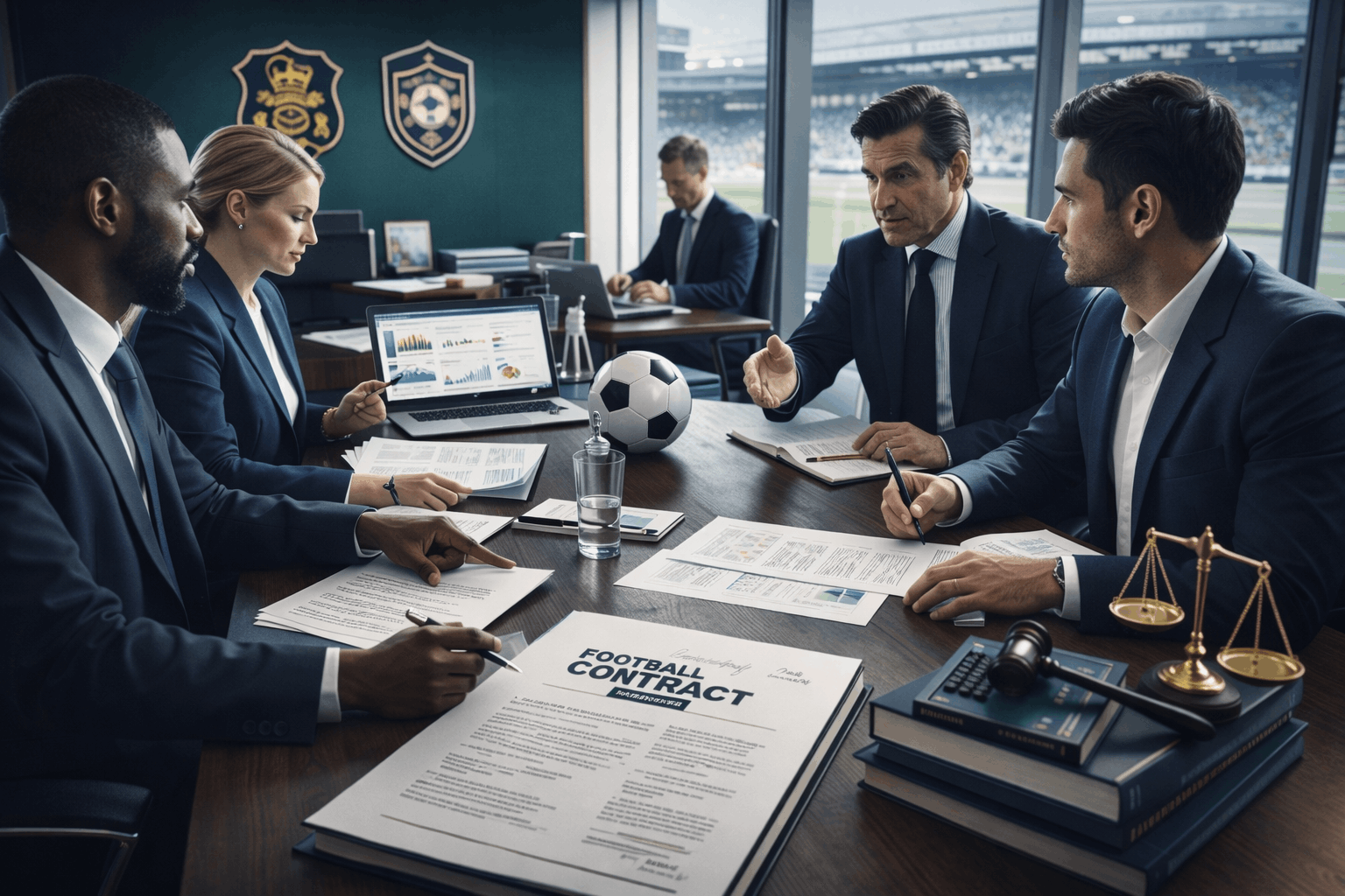 Football Contract Law course showing legal documents, contract negotiation, and sports management in a professional football setting