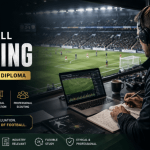 Professional football scout analysing players during a live match in a Football Scouting Course training environment