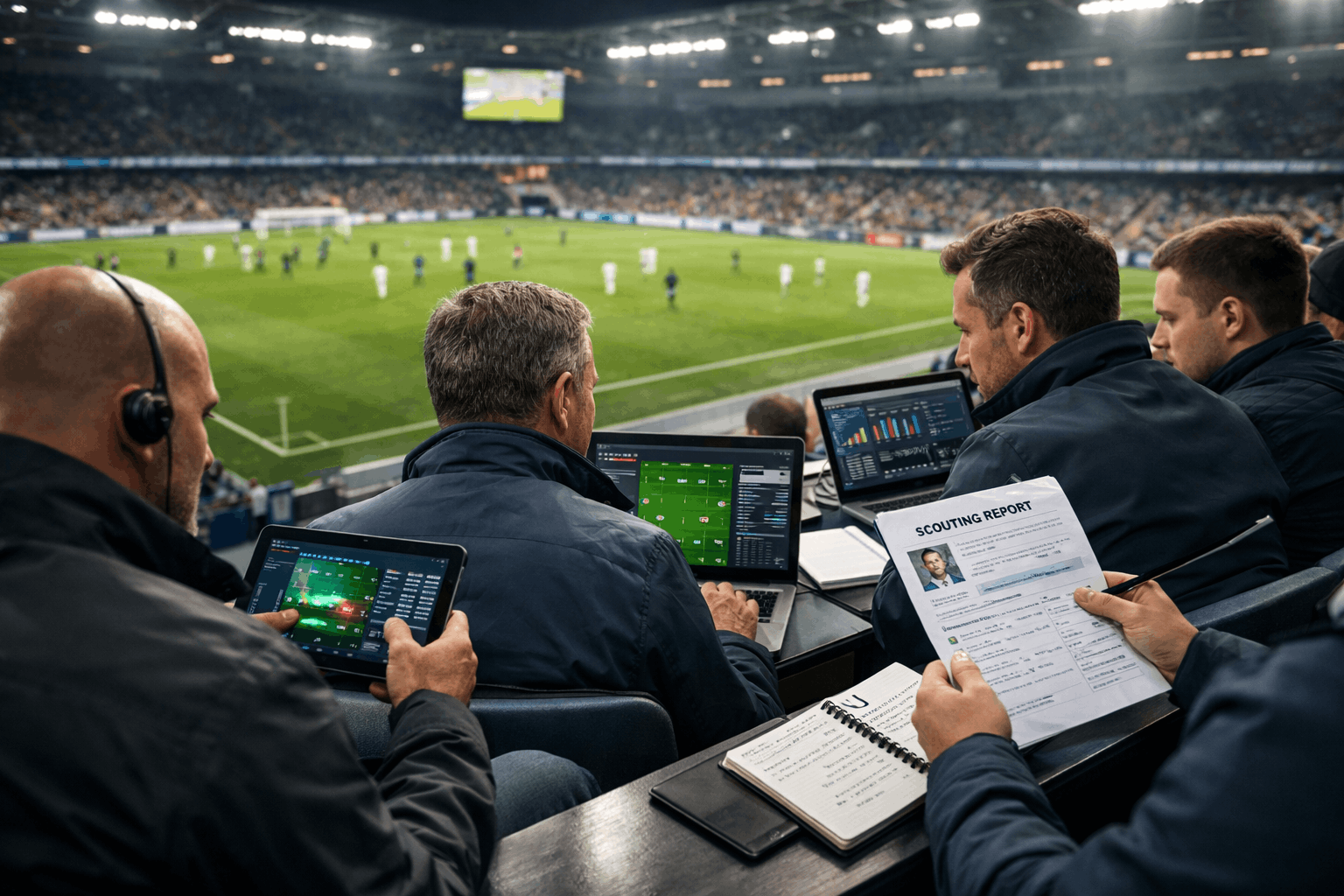 Professional football scouts analysing player performance using data tools as part of football scouting essentials training.