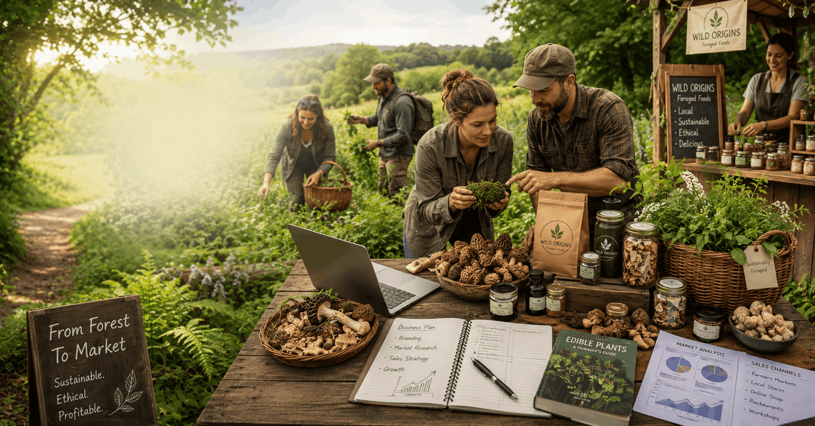 Entrepreneur harvesting wild foods for a foraging business while preparing products for market and sales