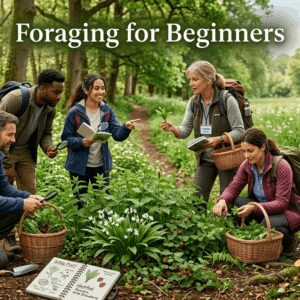 Foraging for Beginners student identifying edible wild plants and fungi in a natural woodland environment