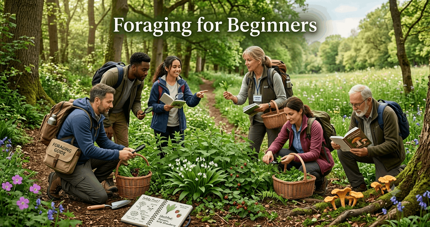 Foraging for Beginners student identifying edible wild plants and fungi in a natural woodland environment
