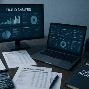 A modern forensic accounting workspace with financial reports, fraud-analysis tools, and digital screens representing forensic accounting training.