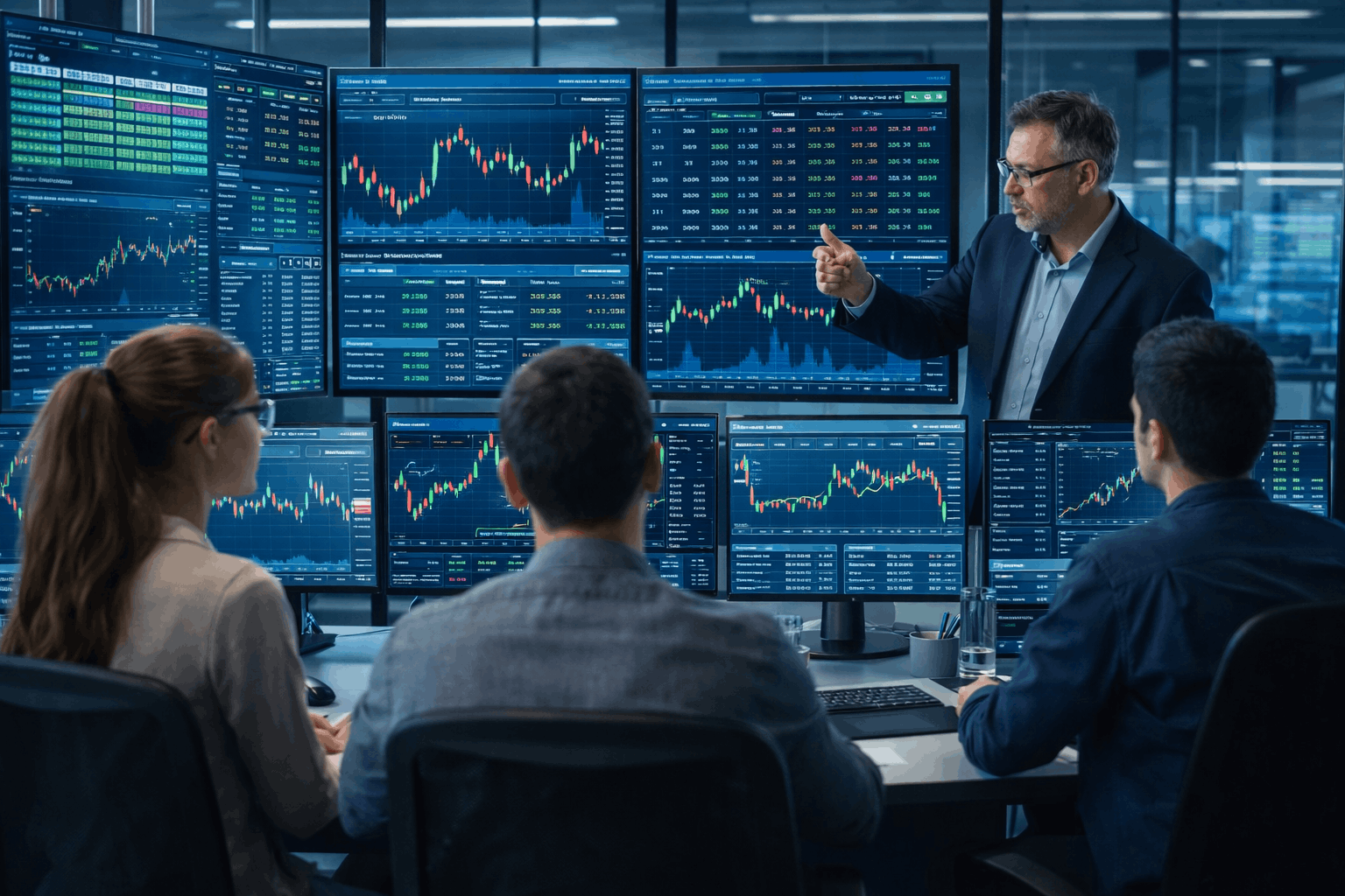 Students analysing currency charts in a forex trading course using professional trading screens