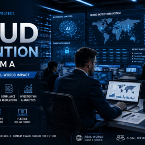 Cybersecurity analyst reviewing fraud data for a Fraud Prevention Diploma course
