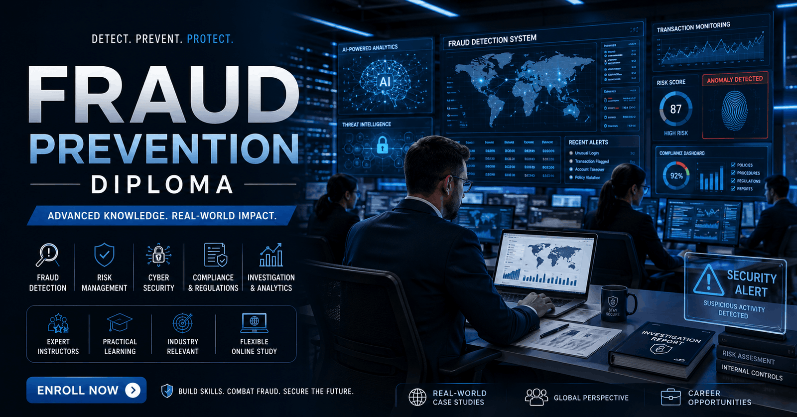Cybersecurity analyst reviewing fraud data for a Fraud Prevention Diploma course