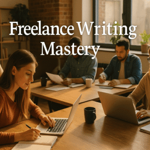 freelance writing mastery course showing writers working on laptops, editing articles, and creating content online