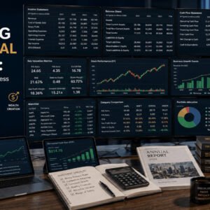 Investor performing Fundamental Analysis using financial statements, valuation ratios, stock charts and company reports.