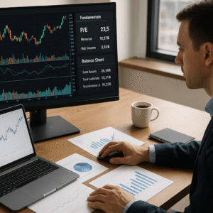 Investor analysing stock charts and company reports on laptop for Fundamental Analysis course