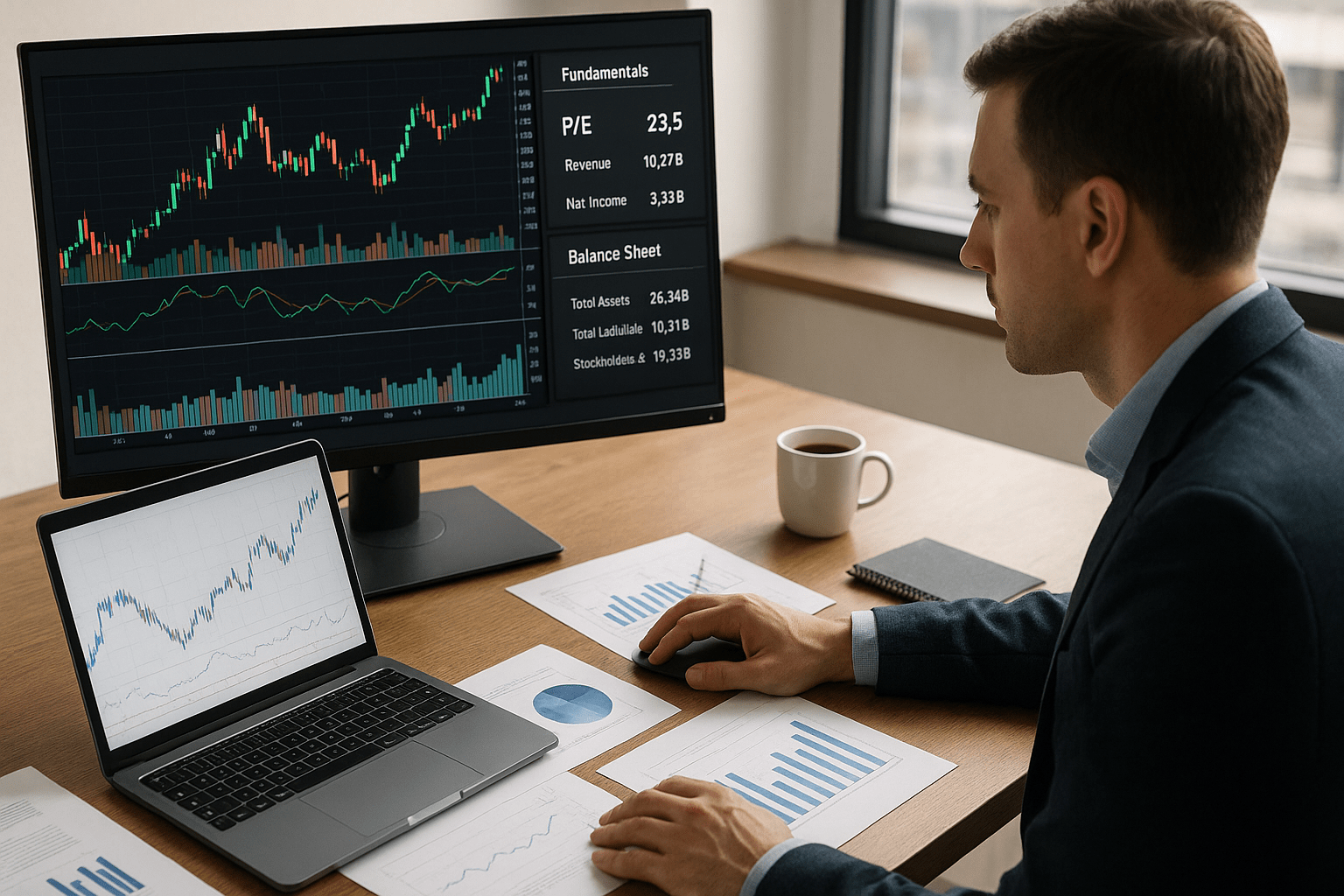 Investor analysing stock charts and company reports on laptop for Fundamental Analysis course