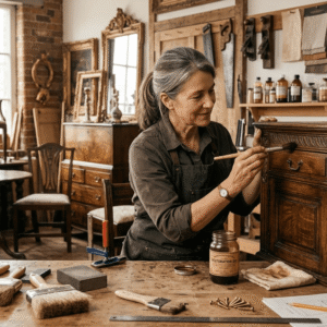 Professional restoring antique wooden furniture in a Furniture Restoration Course workshop