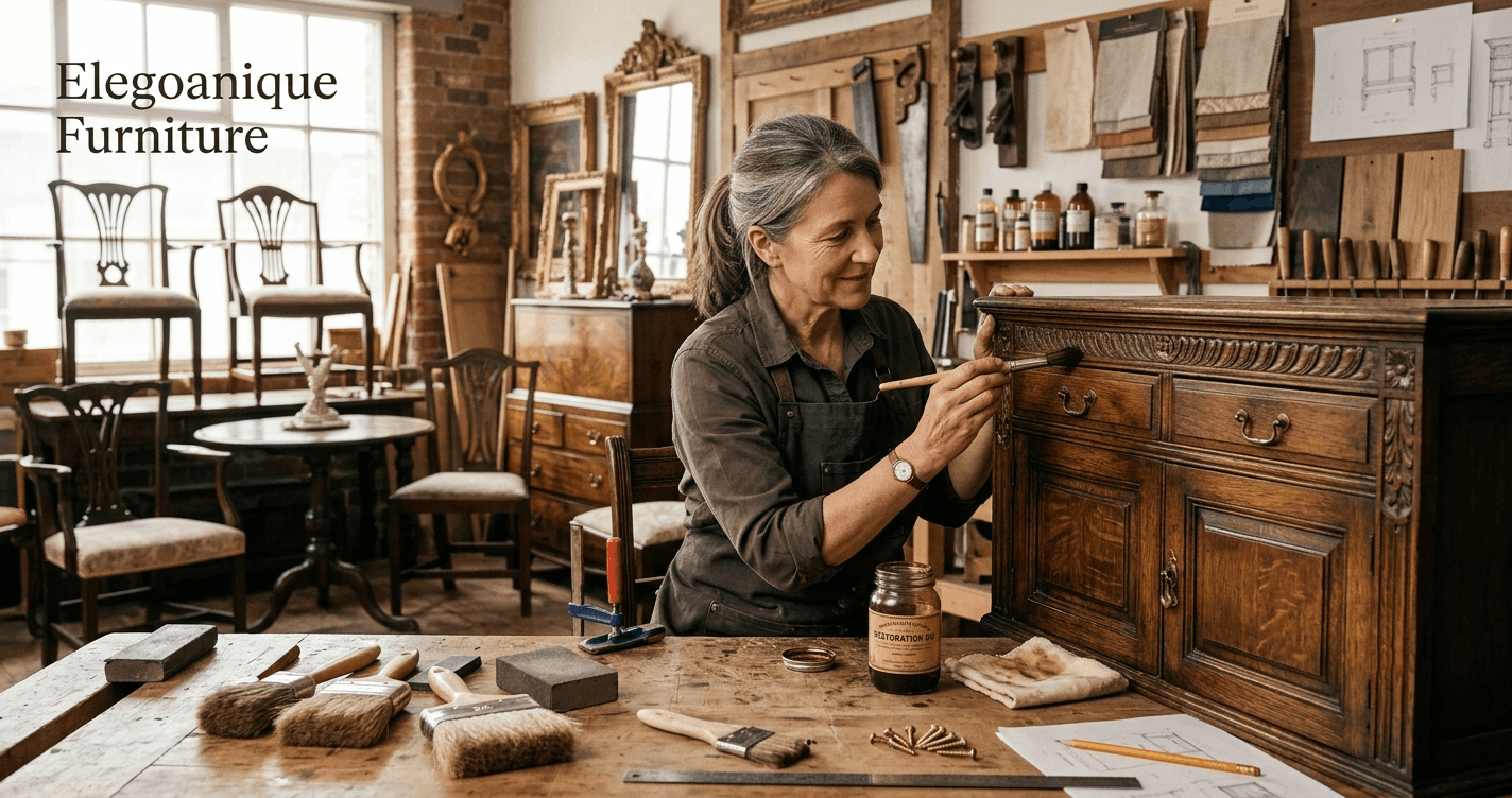 Professional restoring antique wooden furniture in a Furniture Restoration Course workshop