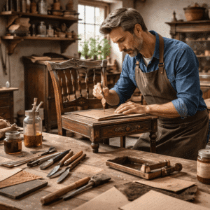 Craftsperson restoring antique wooden furniture using traditional tools as part of the Furniture Restoration Diploma Level 3.