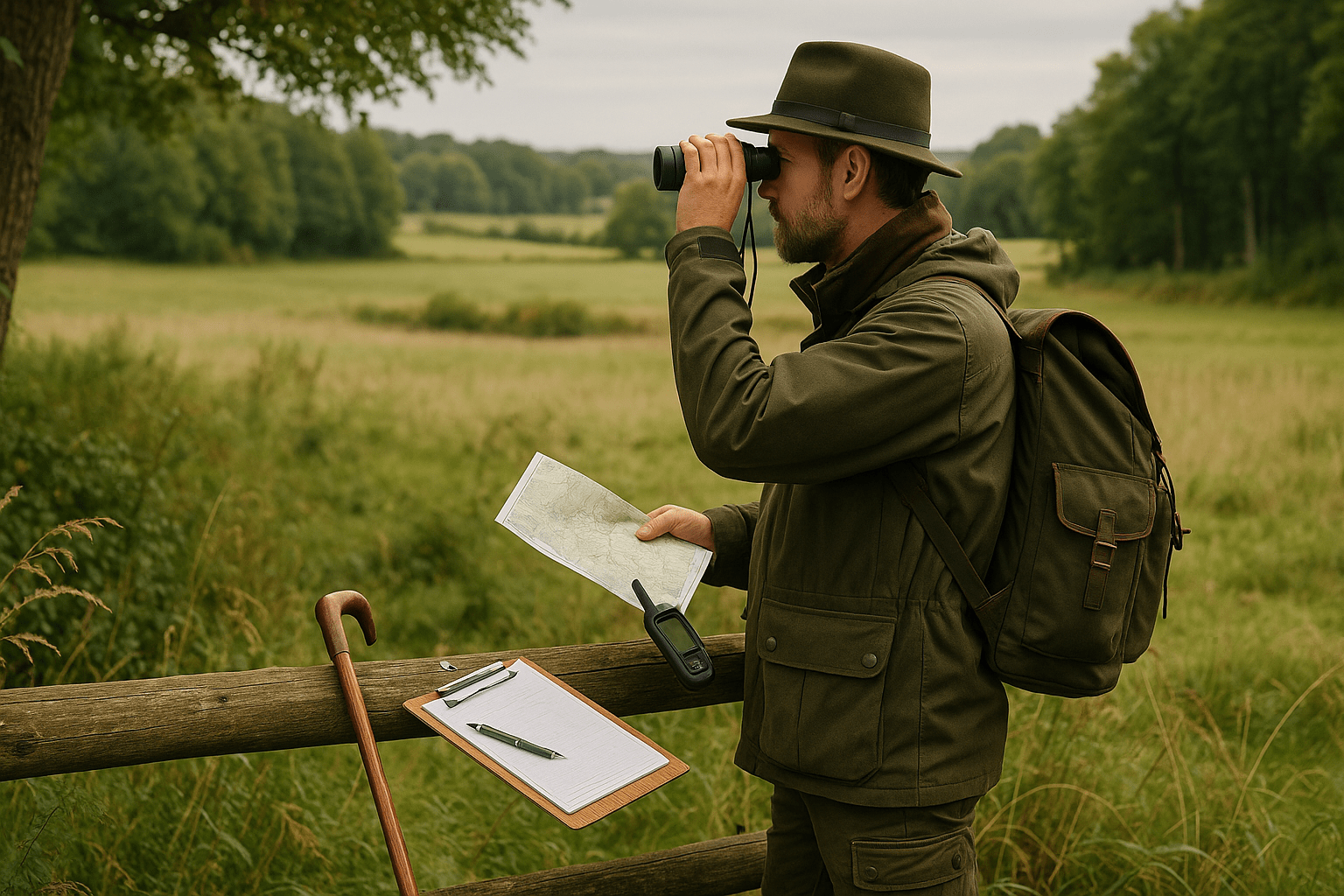 Gamekeeping Essentials course scene showing a UK countryside ranger inspecting wildlife habitats with tools and tracking gear.