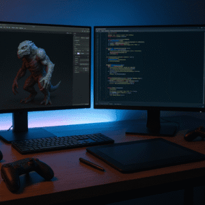 A modern gaming and development workspace featuring monitors, design tools, controllers, and coding screens for the Gaming Advanced Diploma Level 3.