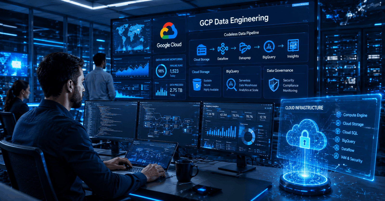 Cloud engineer managing GCP Data Engineering pipelines with analytics dashboards and BigQuery tools