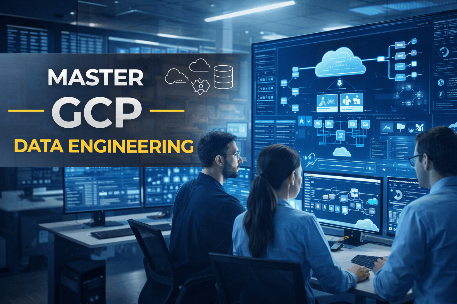 Data engineers building pipelines on cloud dashboards for a GCP data engineering training course