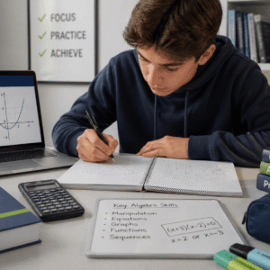 Student studying GCSE algebra solving equations and graphs with notes and calculator on desk