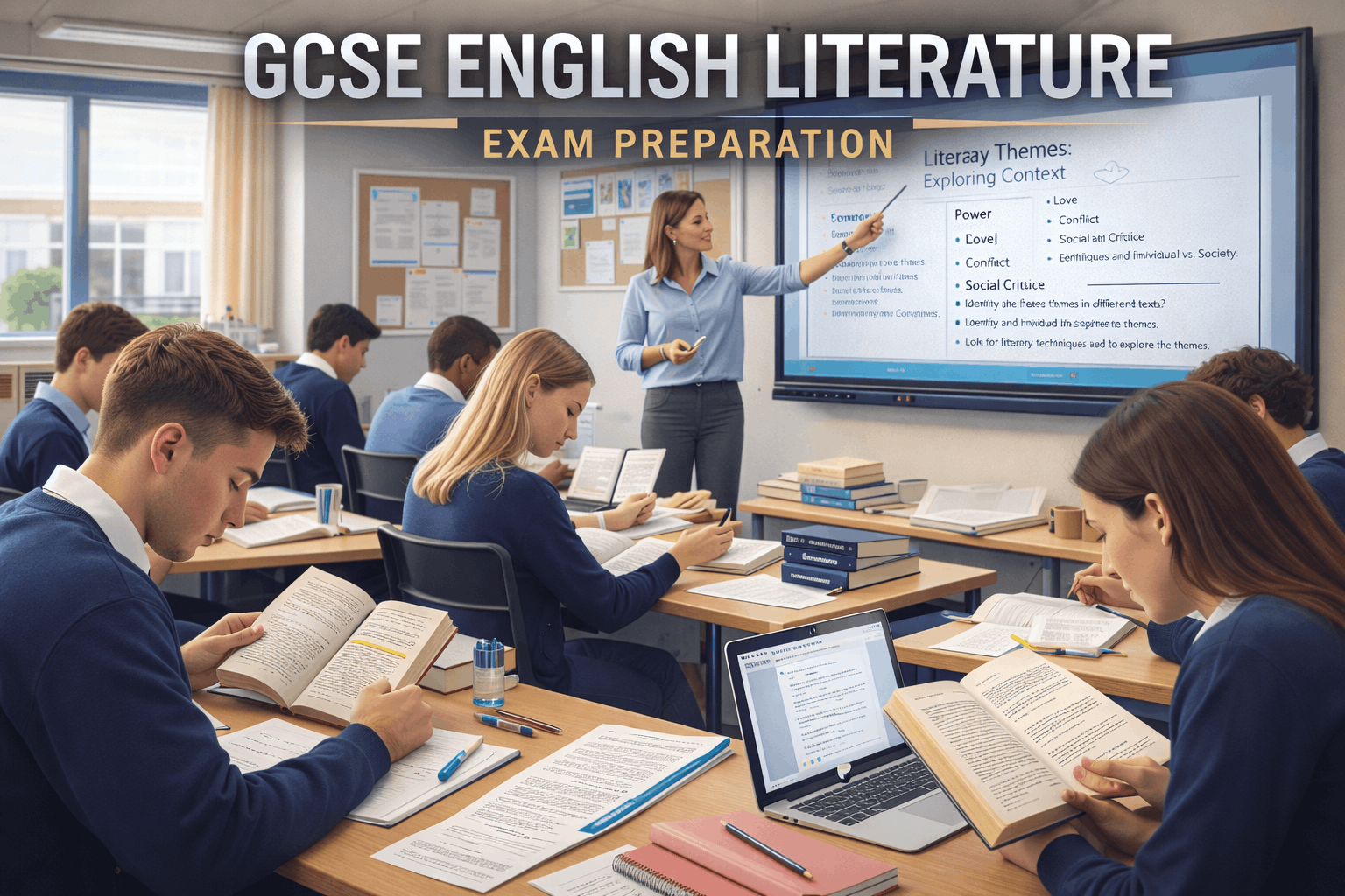 GCSE English Literature students studying poetry, novels and drama texts in a focused classroom with books and notes