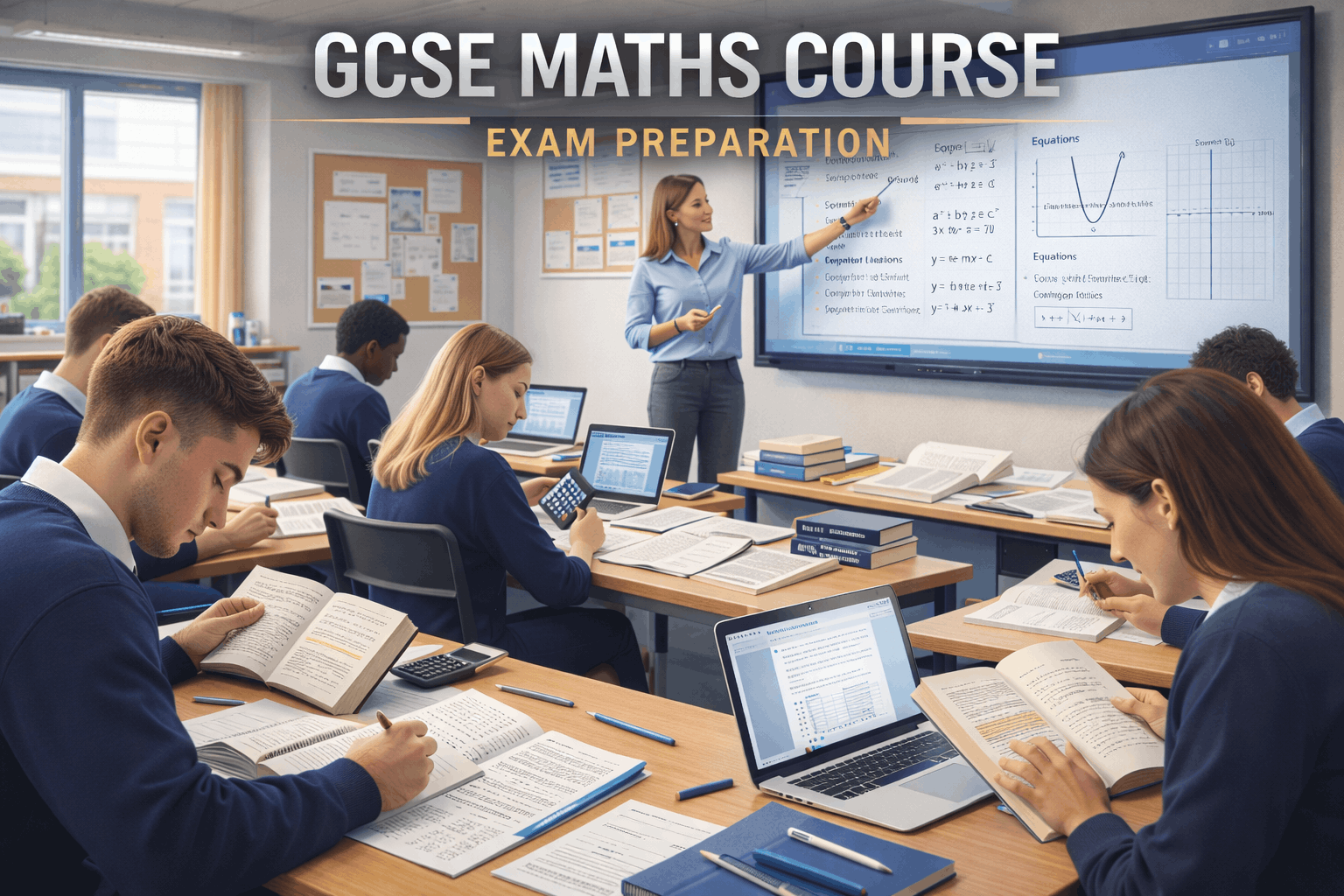 GCSE Maths Course students solving algebra, geometry and number problems in a modern classroom with exam materials