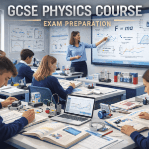 GCSE Physics Course students studying forces, energy and electricity in a modern science classroom with lab equipment