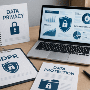 GDPR advanced diploma workspace showing compliance documents, data protection icons, and a professional desk setup.