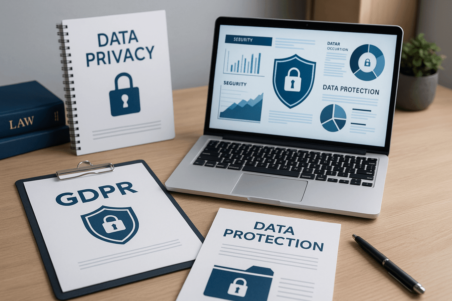 GDPR advanced diploma workspace showing compliance documents, data protection icons, and a professional desk setup.