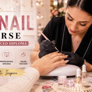 Professional nail technician creating elegant nail art during a Gel Nail Course in a modern beauty studio