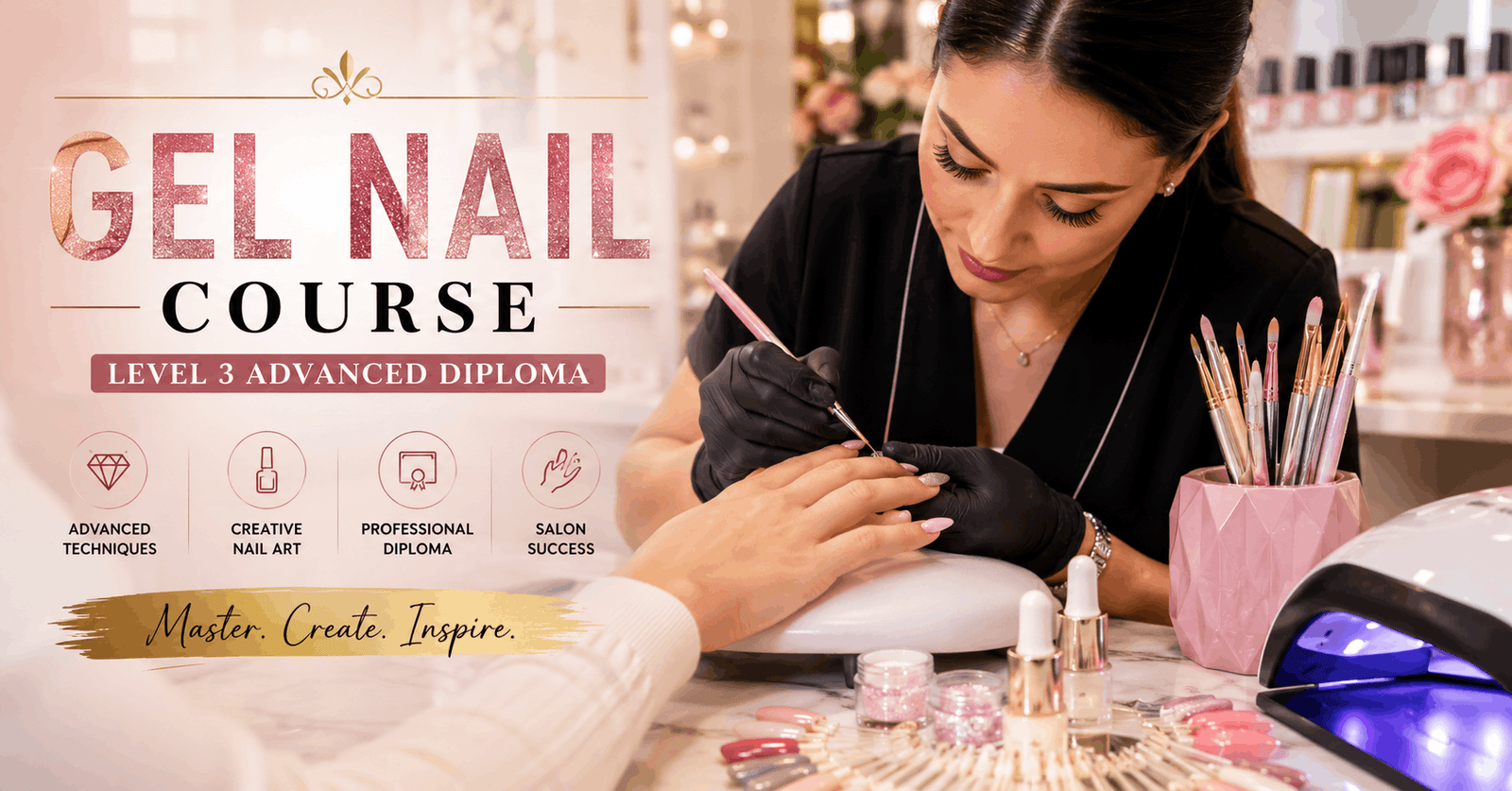 Professional nail technician creating elegant nail art during a Gel Nail Course in a modern beauty studio