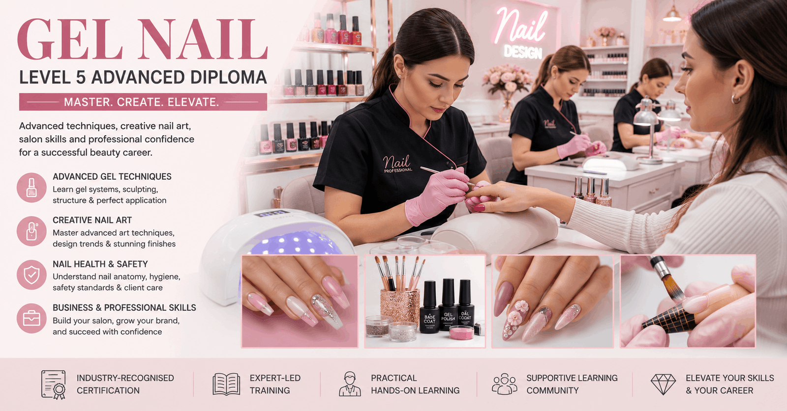 Gel Nail Course students creating professional gel nail designs in a modern beauty salon environment
