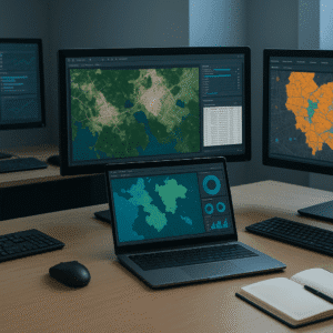 Geographic Information Systems Level 3 Diploma training scene with GIS maps, dashboards, and spatial tools.