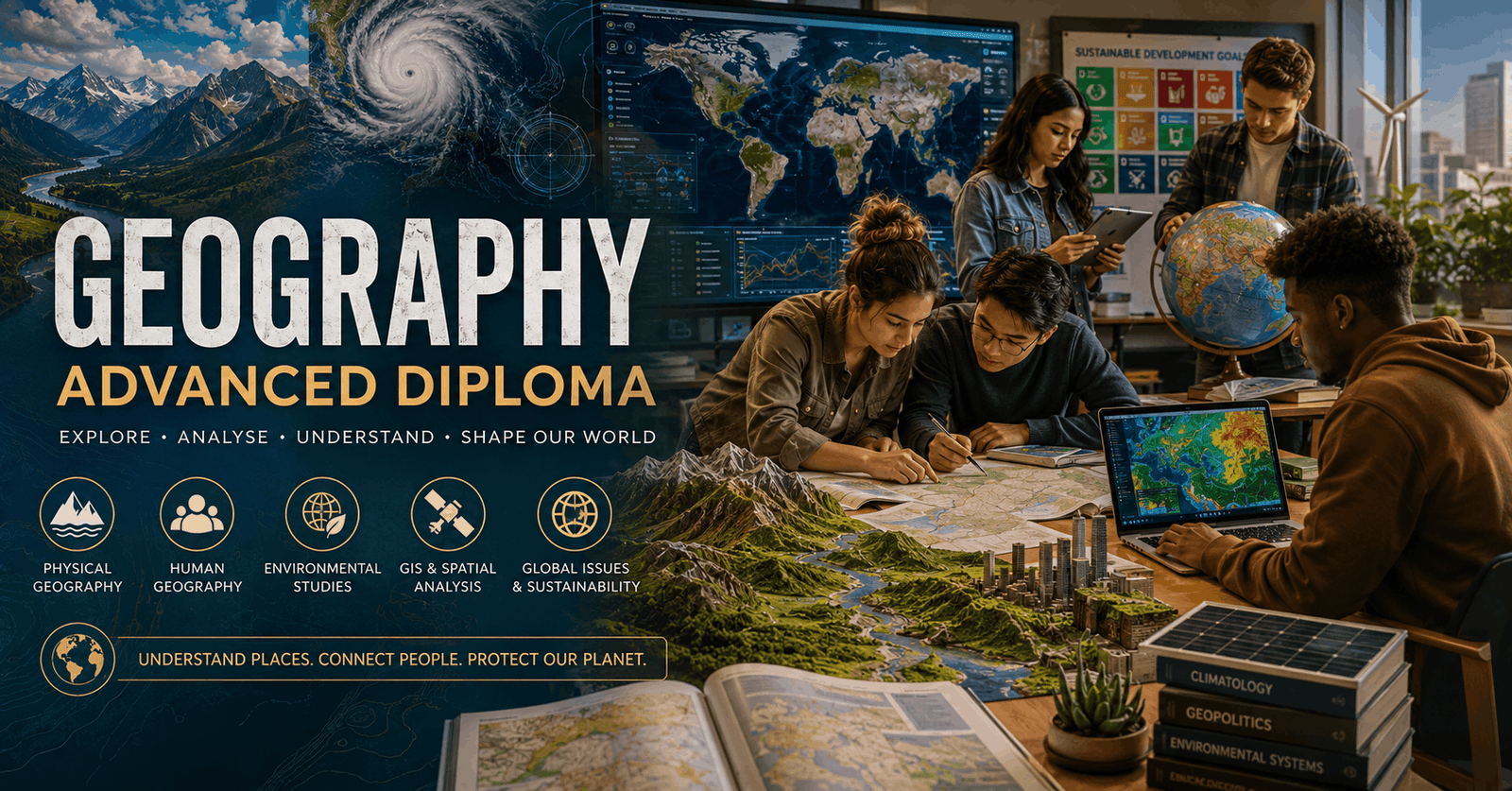 Students studying maps, climate systems, and GIS in a Geography Advanced Diploma course