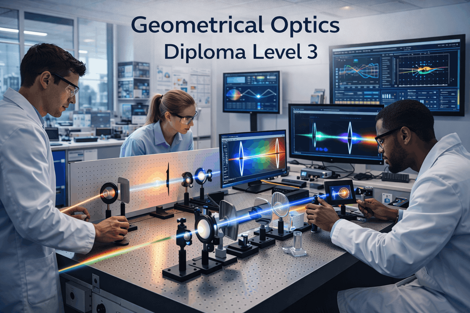 Students analysing ray diagrams and lenses in a lab for the Geometrical Optics Diploma Level 3