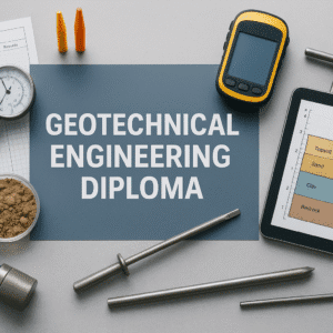 Geotechnical engineering diploma banner showing soil testing tools, site plans, and field equipment in a modern UK training layout.