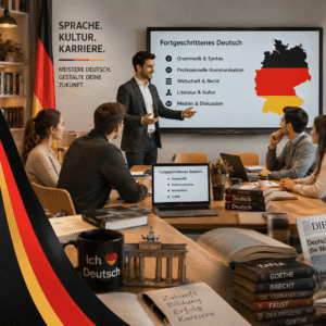 Students learning German in a modern classroom for German Advanced Diploma training