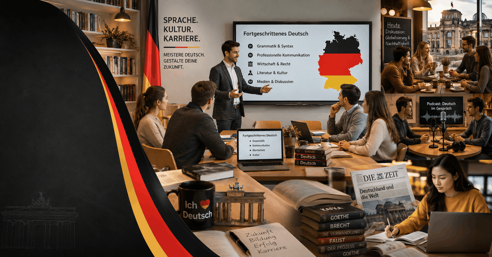 Students learning German in a modern classroom for German Advanced Diploma training