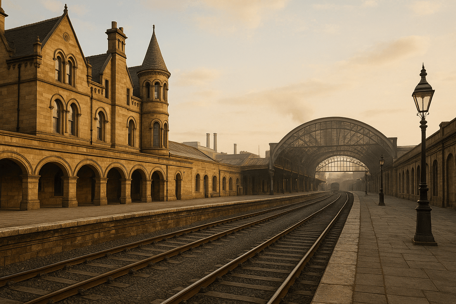 Historic Glasgow railway scene with vintage station architecture and early rail lines representing Glasgow railway history.