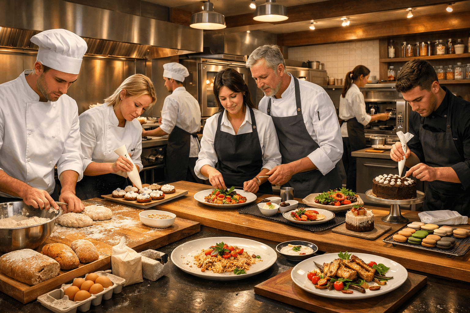 Professional kitchen scene showing gluten free cookery students preparing artisan bread, pastry and allergy-safe dishes