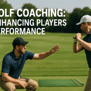Golf coaching scene with coach guiding a player on swing technique to improve performance.