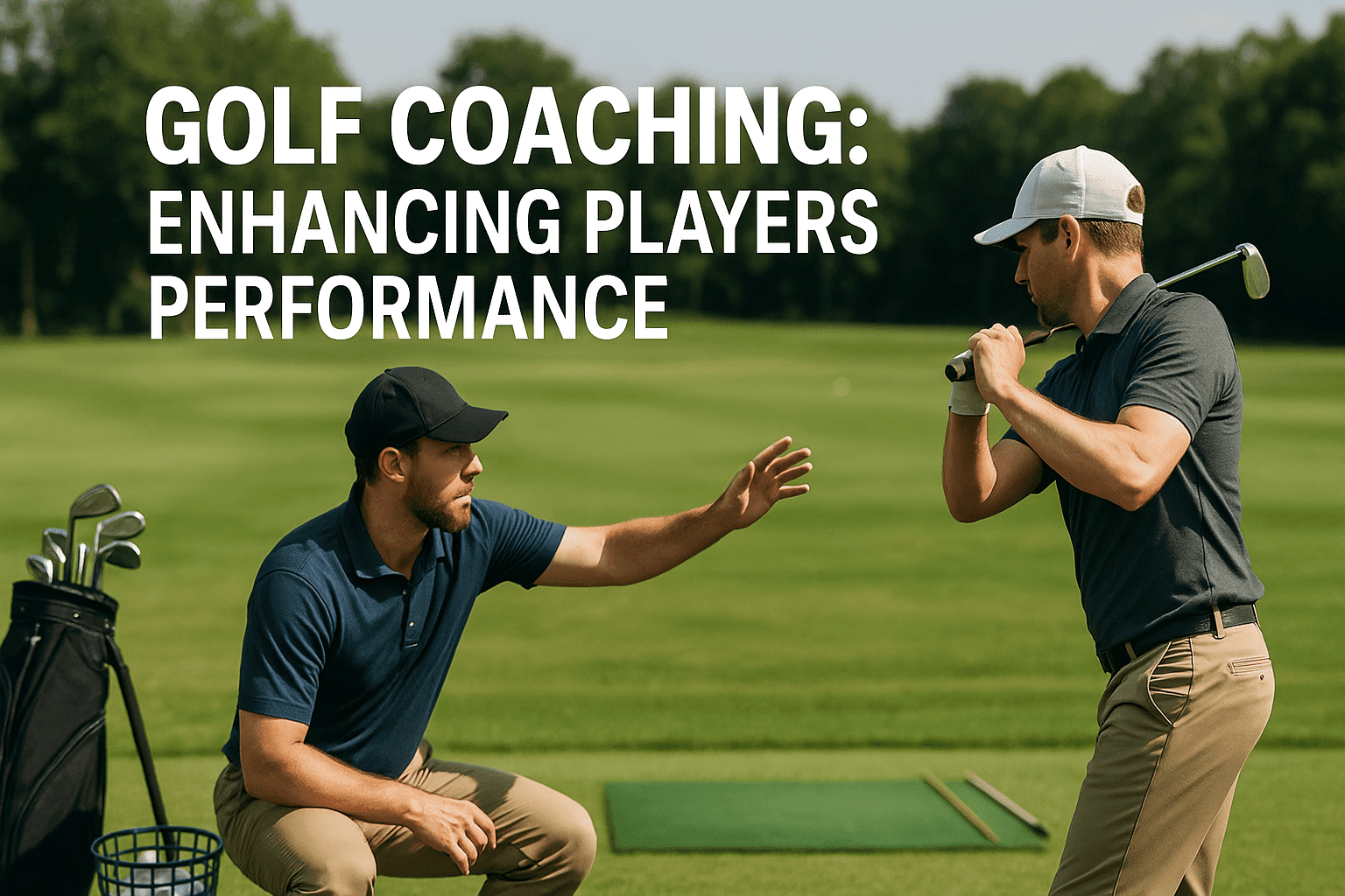 Golf coaching scene with coach guiding a player on swing technique to improve performance.