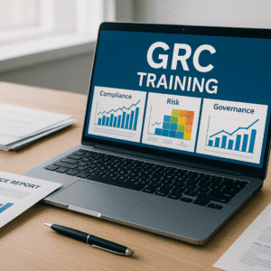 Professional workspace with documents and laptop showing a GRC dashboard; ideal visual for GRC training Level 3 Diploma.