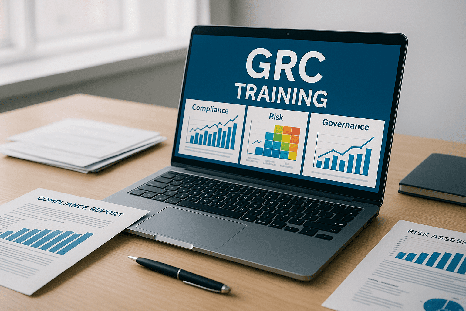 Professional workspace with documents and laptop showing a GRC dashboard; ideal visual for GRC training Level 3 Diploma.